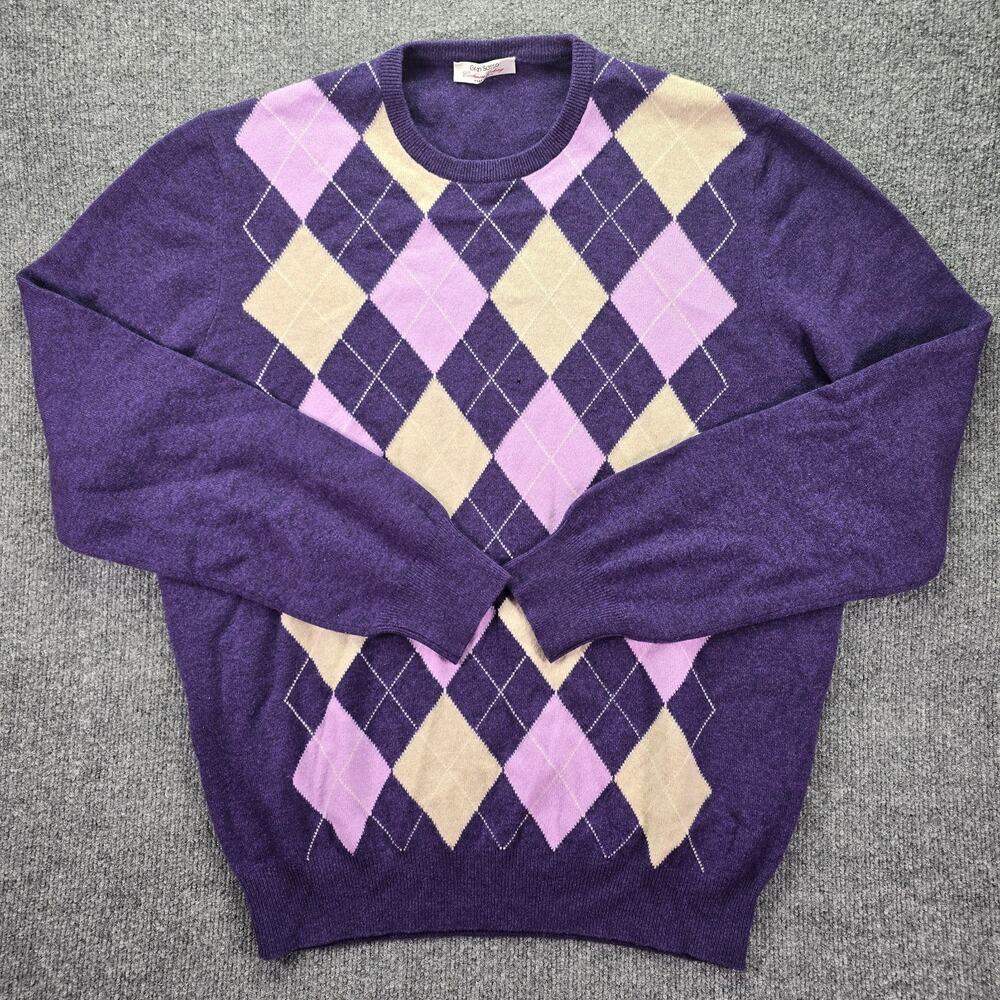 Gran Sasso Sweater Mens XL Purple Argyle Cashmere Geelong Wool Pullover Italy
